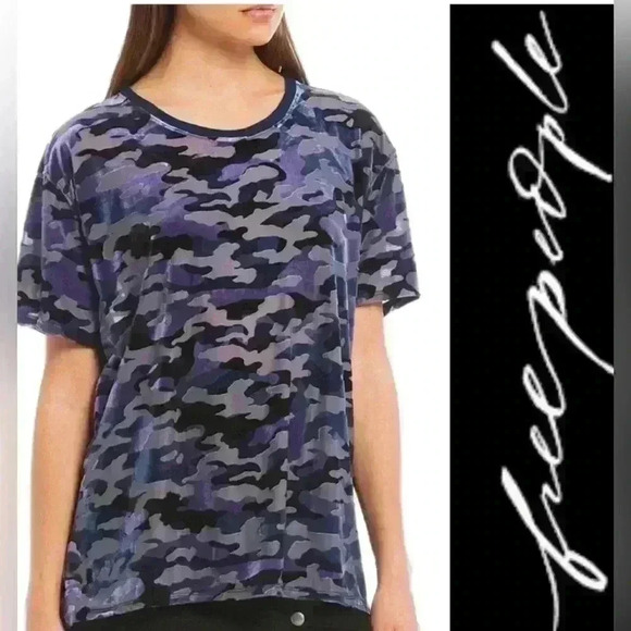 We the Free People Large Blue Velvet Burnout Camo Tee Oversized Shirt - Picture 1 of 8